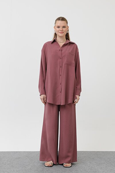 Puane Women's Buttoned Draped Suit Shirt and Trousers Double Combination-14331Tks - Rose