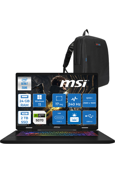 MSI Crosshaır 17 U7-255HX 24GB 2tb SSD 8GB/RTX5070 115W 17″ 16:10 QHD+ 240Hz IPS WIN11PRO W018XTRW05