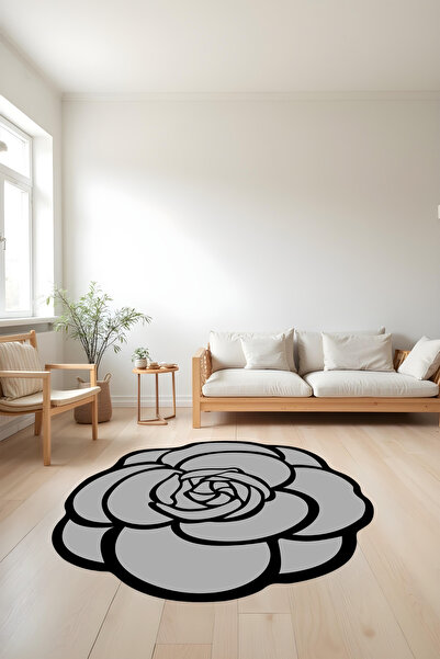 Liriya Dijital Baskı Siyah Gri Dekoratif Makinada Yıkanabilir Salon Halısı Ko...