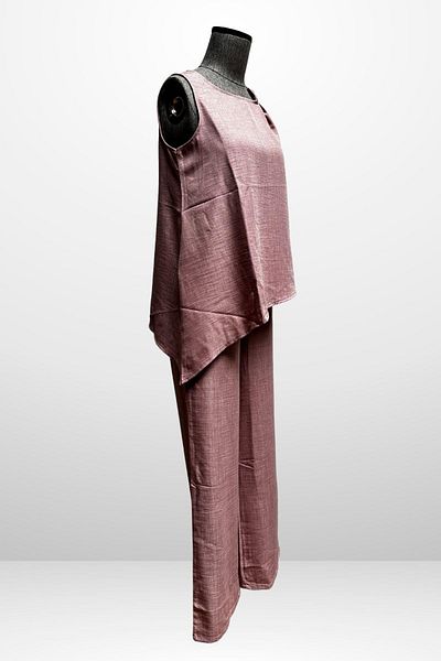 By Saygı Women's Buckle Detailed Skirt Asymmetrical Blouse Elastic Waist Pocket Palazzo Trousers Linen 2 Piece Set