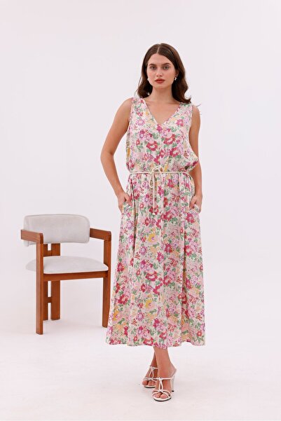 Pulli Collection Patterned Viscose Fabric Lace-Up Long Dress