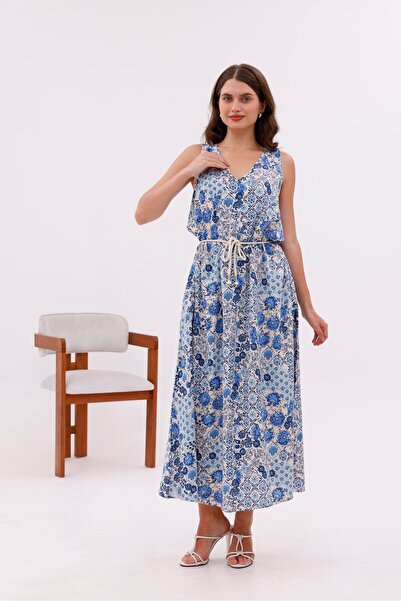 Pulli Collection Patterned Viscose Fabric Lace-Up Long Dress