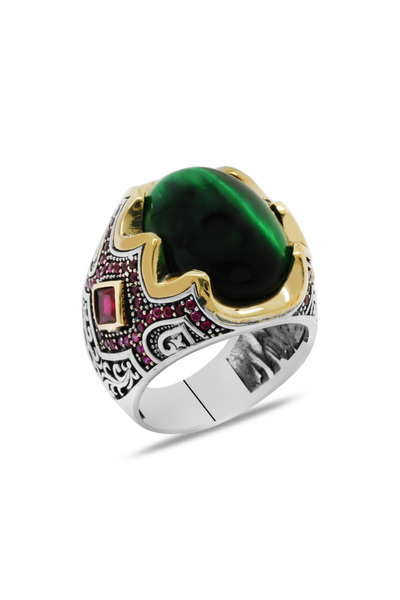 Tesbihane Yeşil Kaplangözü Taşlı Yanları Gravür İşlemeli 925 Ayar Gümüş Erkek...