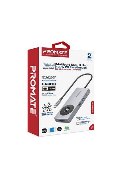 Promate "موزع بيانات USB-C متعدد المنافذ 14 في 1 عالي السرعة مع خاصية PD Passthrough