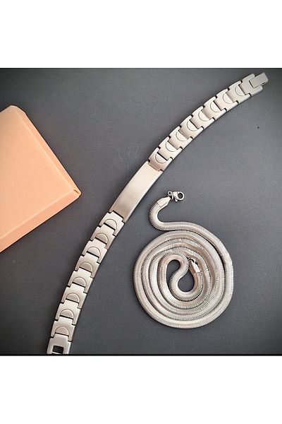 voyageaccessory Double Product Deal Snake Back Men's Necklace and Hematite Stone Steel Bracelet