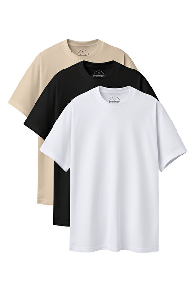 Velvoria Unisex supradimensionat basic 3-bucăți Negru Alb Bej Culoare tricou