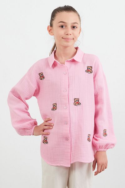 Fulla Moda 100% Cotton Teddy Bear Embroidered Girl's Shirt