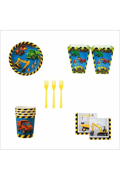 ZENVİVA Construction 8Pcs Plates, 8Pcs Cups, 8Pcs Corn Boxes, 10Pcs Napkins, 10Pcs Forks