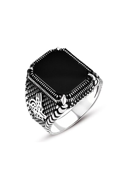 Tesbihane Nokta İşlemeli Tuğra Motifli Siyah Oniks Taşlı 925 Ayar Gümüş Erkek...