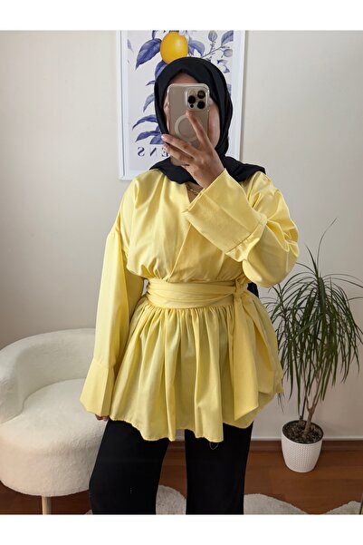 Bahar Altundemir قميص نسائي بحزام خصر ورقبة على شكل حرف V من قماش البوبلين، ق...