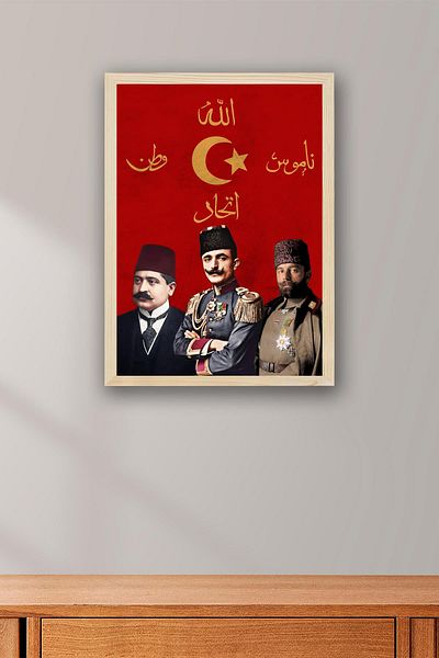 Saturn İttihat Terakki Pashas Framed Painting - Enver Cemal Talat Pashas - İttihat Terakki Shield