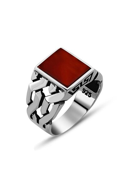Tesbihane Zincir Tasarım Kırmızı Akik Taşlı 925 Ayar Gümüş Erkek Yüzük