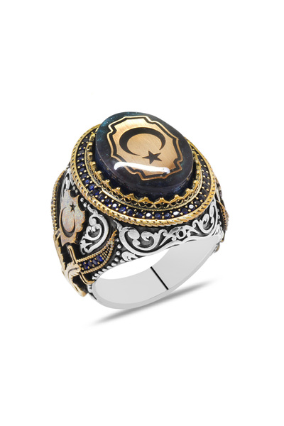 Tesbihane Turkuaz Sıkma Kehribar Taş Üzeri Ayyıldız Desenli 925 Ayar Gümüş Er...