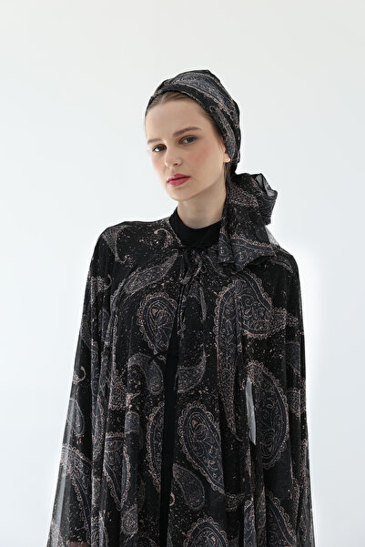 HARREL LEYAL Şal Desenli Siyah İpek Şifon Kaftan Bone Takım