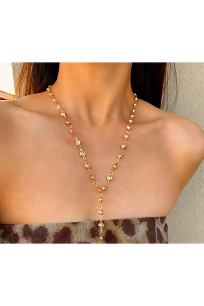 La Saade رويال إليجانزا - قلادة على شكل حرف Y ذهبية مع تفاصيل لؤلؤية