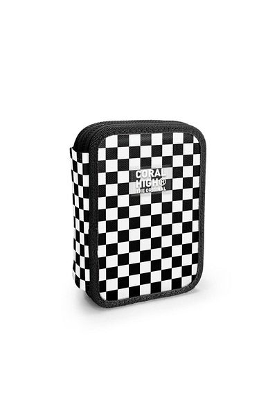 Coral High Geantă pentru creion cu două straturi cu model de dama alb-negru 11146