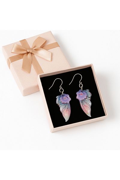 OEM Butterfly wing earrings with floral charm, gold leaf and glitter powder, pale turquoise, handmade