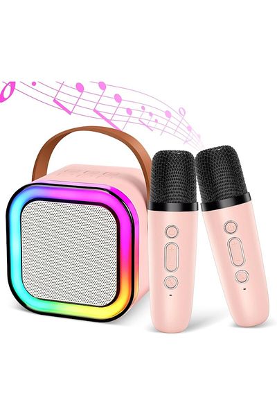 Glow Goods Mini Portable Bluetooth 5.3 Speaker with 2 Wireless Microphones, Karaoke Station, RGB Lighting, Pink