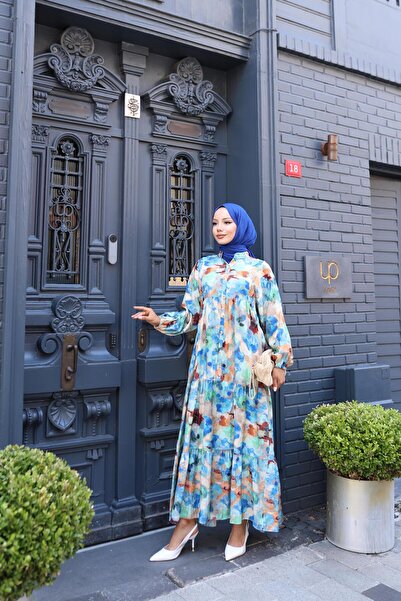 HARMAN BUTİK Women's Comfortable Fit Buttoned Patterned Modal Dress