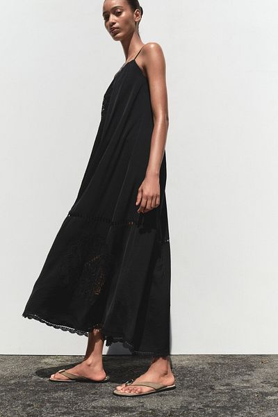 BRGCLOTHING Design Black Thin Strap Embroidered Dress