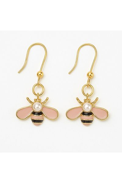 OEM Bee pendant, 18K gold plated hoop earrings – Pink enamel & synthetic pearl, handmade