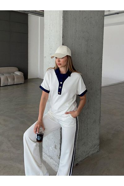 sportiness Soft Texture Polo Collar Buttoned Modal Fabric Tracksuit Set