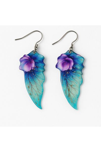 OEM Butterfly wing earrings with floral charm and glitter powder, light cyan, handmade