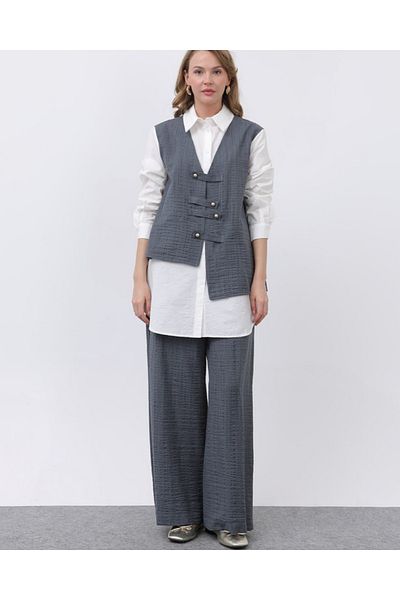 BZ BUTİK Costum de damă Puane cu vestă și pantaloni cu detaliu de nasturi în față