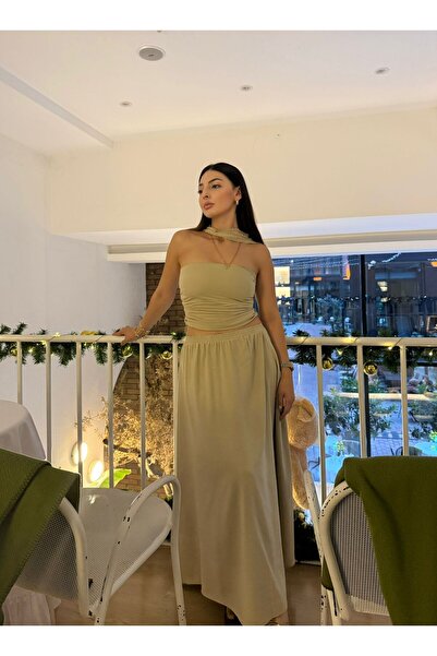 Voga Butik Kadın Küf Yeşili Uzun Etek