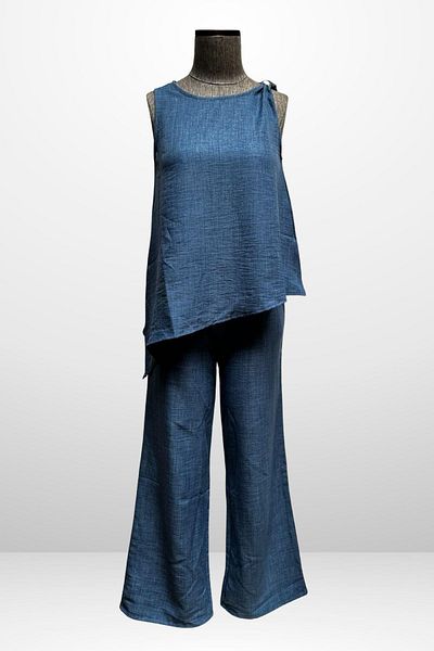 By Saygı Women's Buckle Detailed Skirt Asymmetrical Blouse Elastic Waist Pocket Palazzo Trousers Linen 2 Piece Set