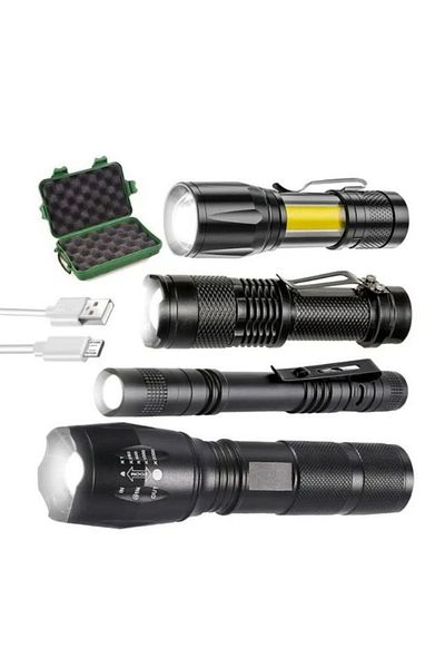 Welora Set of 4 LED Tactical Lanterns, USB Rechargeable, Adjustable Focus, Waterproof, Aluminum, Black
