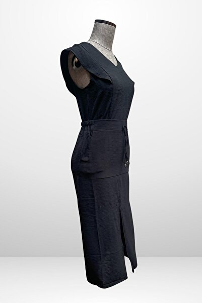 By Saygı Women's V Neck Blouse Elastic Waist Pocket Front Slit Skirt 2 Piece Set