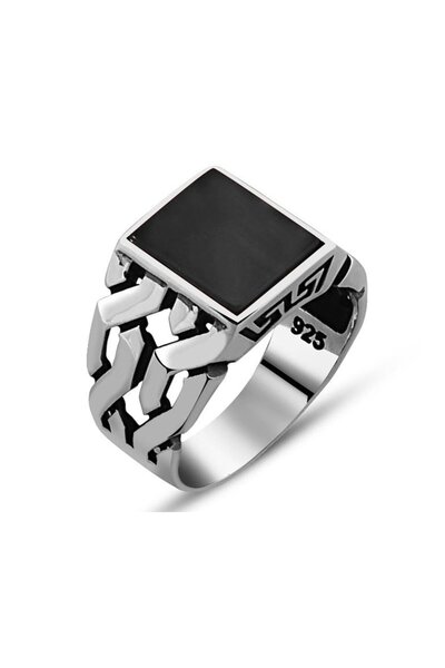 Tesbihane Zincir Tasarım Siyah Oniks Taşlı 925 Ayar Gümüş Erkek Yüzük
