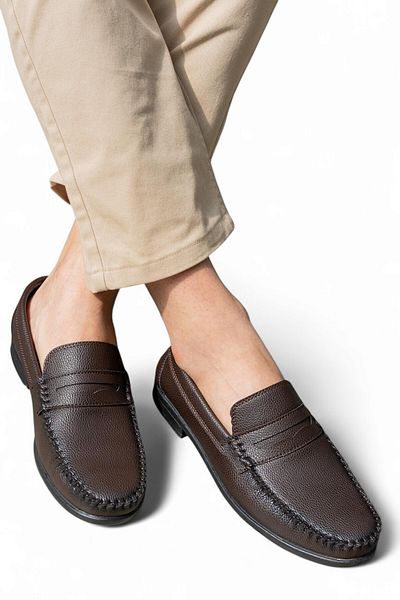 MİYA Men's Brown Laceless Genuine Leather Classic Thin Soft Sole Groom Wedding Loafer Shoes