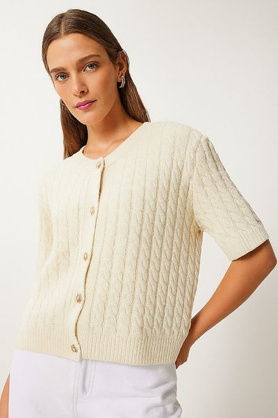 DEMİRBEY TEKSTİL Women's Ecru Crew Neck Hair Braided Short Sleeve Knitwear