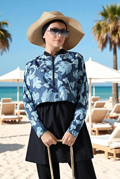 Aselim Hijap Moda Mavi Balık Desenli Hızlı Kuruyan Siyah Tesettür Mayo Takımı | 38-44 Beden