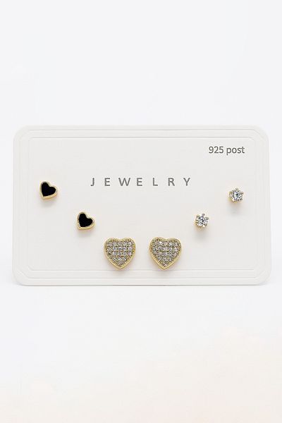 MakeWell 925S Silver Needle Heart Design Zircon Stone 3-Piece Earring Set