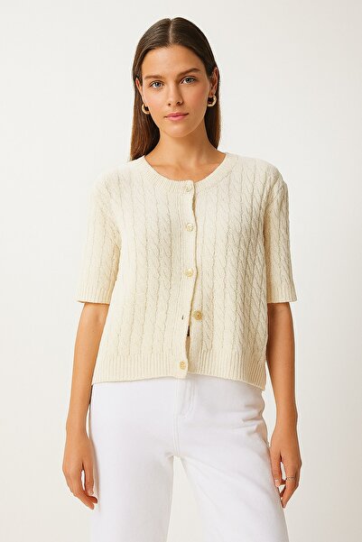 DEMİRBEY TEKSTİL Women's Ecru Crew Neck Hair Braided Short Sleeve Knitwear