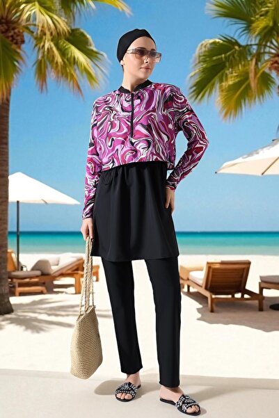 Aselim Hijap Moda Purple Patterned Quick Dry Black Hijab Swimsuit Set |   Size 38-44