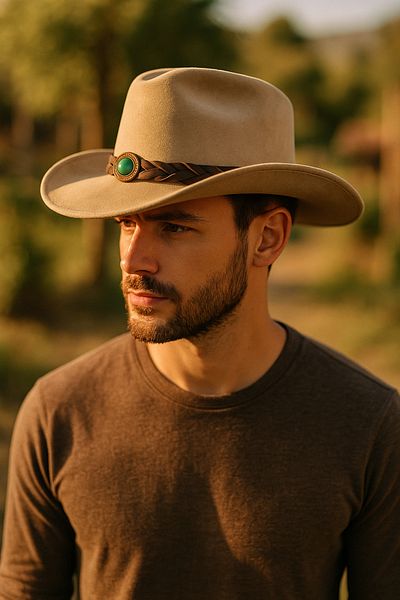 LAGRANZE Men's Stamped Cowboy Hat – Turquoise Stone and Mesh Detail