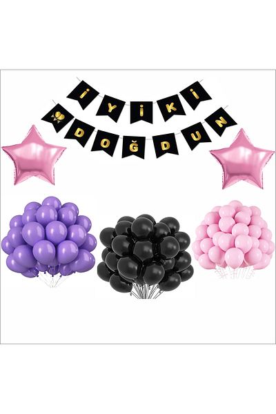 ZENVİVA Black-Gold Banner+ Purple, Pink, Black Balloon Set