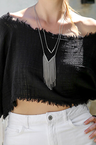 Chiccy Geometric Long Necklace with Chain Detail
