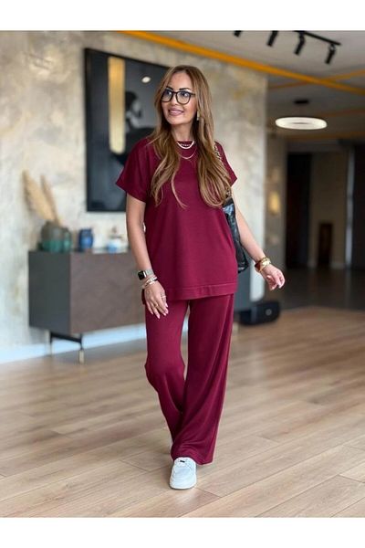 JANES طقم بلوزة وبنطلون نسائي بأكمام قصيرة وياقة دائرية من الفسكوز مكون من خيطين