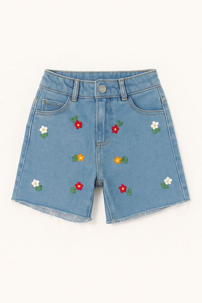Magu Girls' Cotton Blue Floral Embroidered Denim Shorts – Summer Denim Shorts