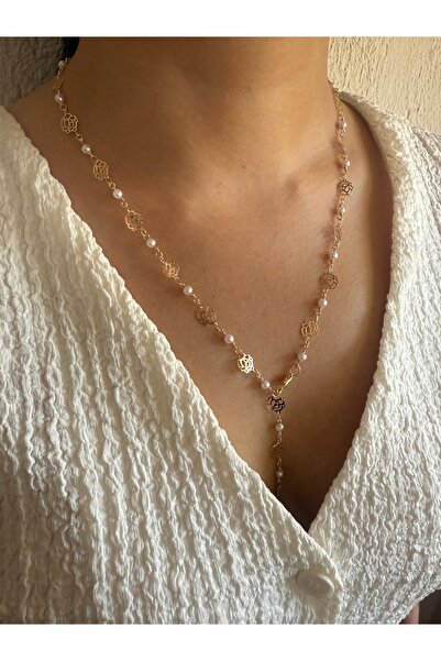 MODA Gül Motif İncili Rose Gold Y Kolye