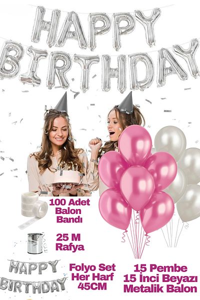 Baloncu Dede Happy Birthday Birthday Set Pink White Balloon Set Women Men Girls Children Party Ornaments