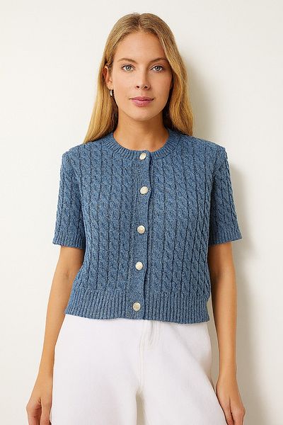 DEMİRBEY TEKSTİL Women's Indigo Crew Neck Hair Braided Short Sleeve Knitwear