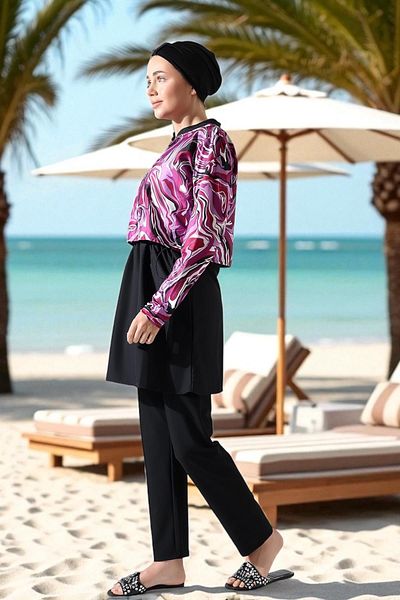 Aselim Hijap Moda Purple Patterned Quick Dry Black Hijab Swimsuit Set |   Size 38-44