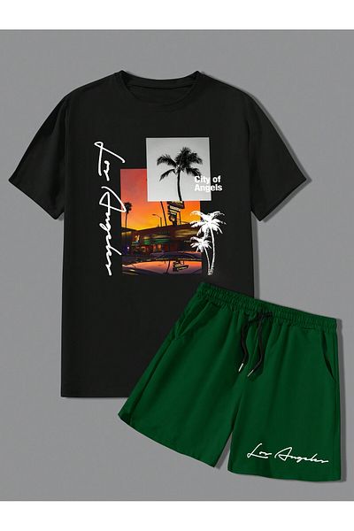 LUNAVISTA Boys Summer Casual Palm Tree Pattern Round Neck Short Sleeve Letter Printed T-Shirt and Shorts Set