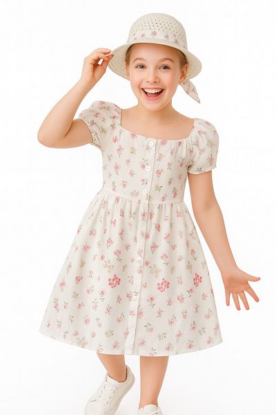 minikiss Muslin Fabric 100% Cotton Printed Hat Detailed Button Closure Girl's Dress